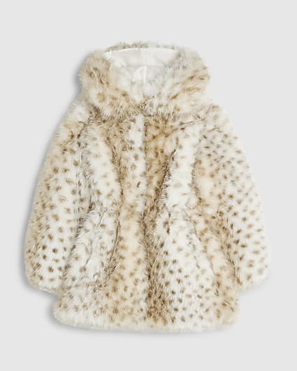 Girls Cream Deer Cinched Faux Fur Coat