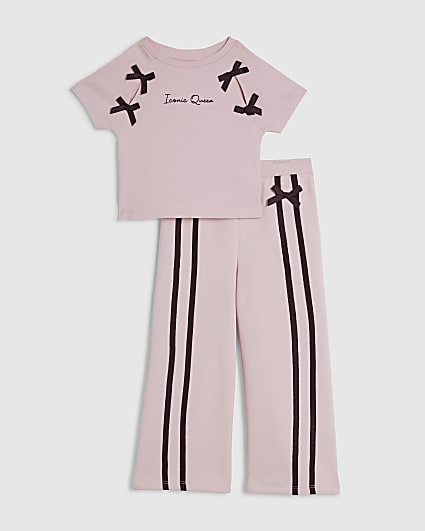 Mini Girls Pink Bow Taped Wide Leg Jogger Set