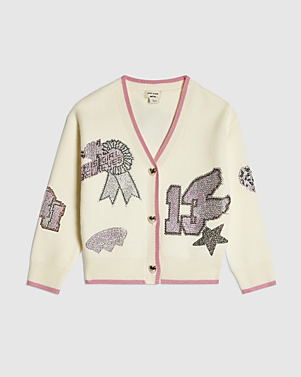 Mini Girls Cream Diamante Varsity Cardigan