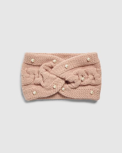 Girls Pink Knitted Pearl Bandeau Hairband