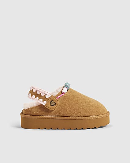 Girls Brown Beaded Faux Fur Lined Slippers