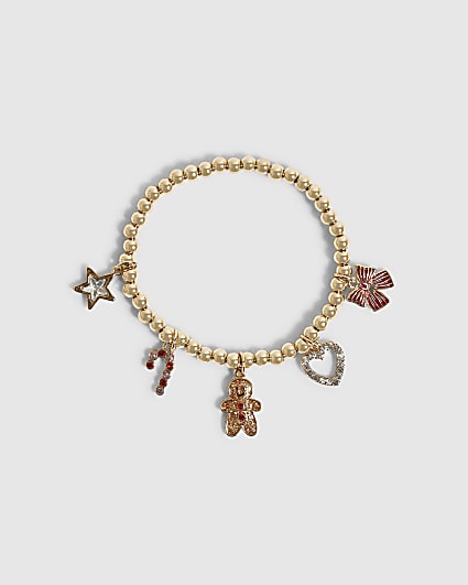 Girls Gold Christmas Stretch Beaded Bracelet