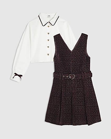 Girls Purple Boucle Pinafore Shirt Dress