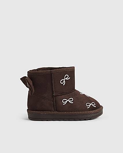 Mini Girls Brown Embroidered Faux Fur Boot