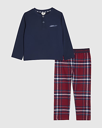 Mini Boys Navy Henley Neck Check Pyjamas Set