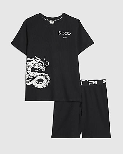 Boys Black Japanese Texture Pyjama Shorts Set