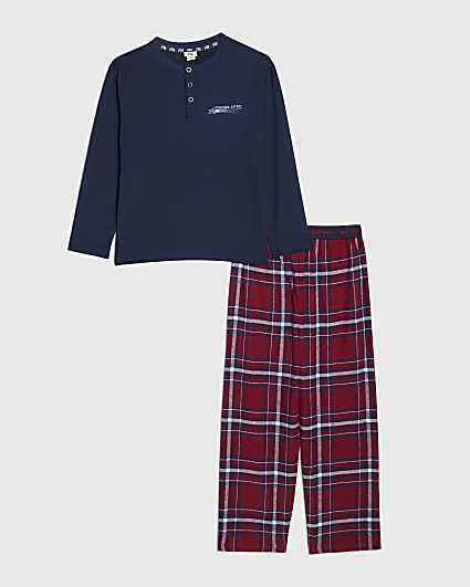 Boys Navy Henley Neck Check Pyjamas Set