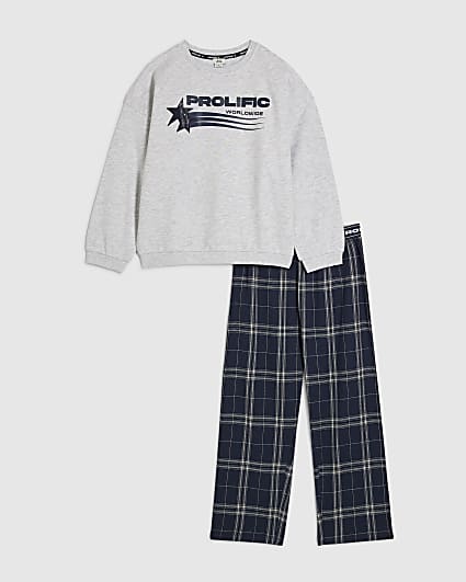 Boys Blue Check Sweatshirt Pyjamas Set