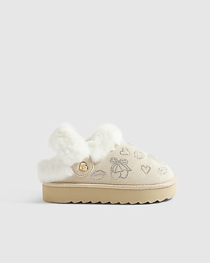 Girls Cream Diamante Snug Slippers