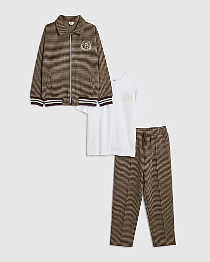 Boys Brown Check Embroidered Jacket Set