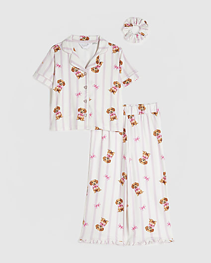 Mini Girls Cream Stripe Puppy Print Pyjamas