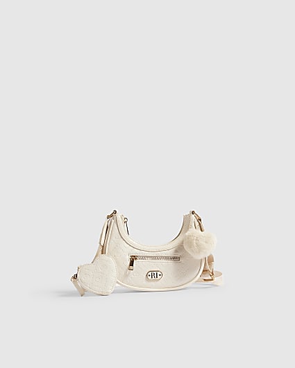 Girls Cream Monogram Scoop Bag Heart Charm