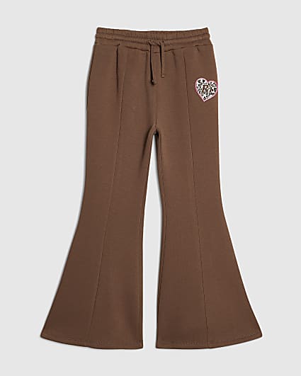 Girls Brown Leopard Heart Flared Joggers