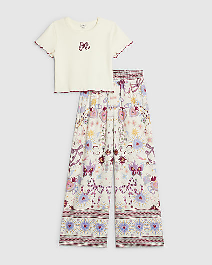 Girls Cream Bow T-Shirt & Trouser Set