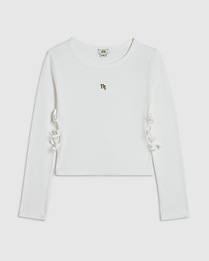 Girls White 3D Bow Long Sleeve Top