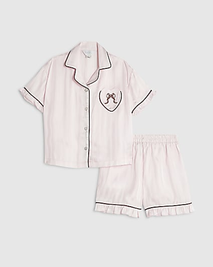 Girls Pink Satin Script Print Pyjamas Set