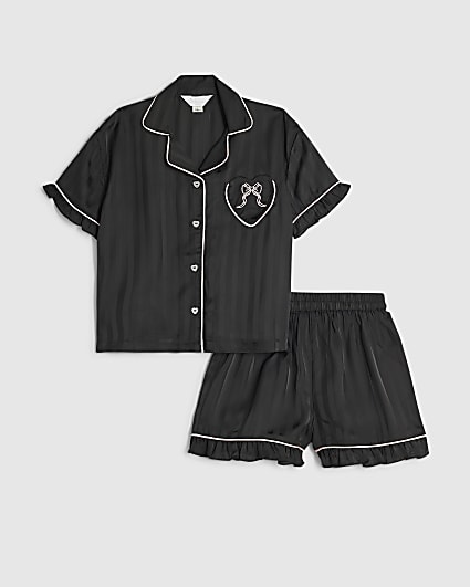 Girls Black Satin Script Print Pyjamas Set