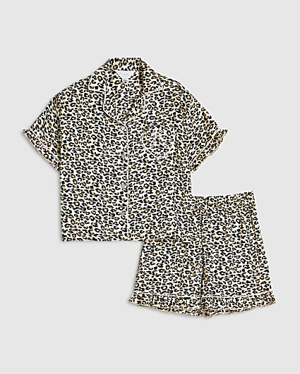 Girls Brown Leopard Print Satin Pyjamas Set