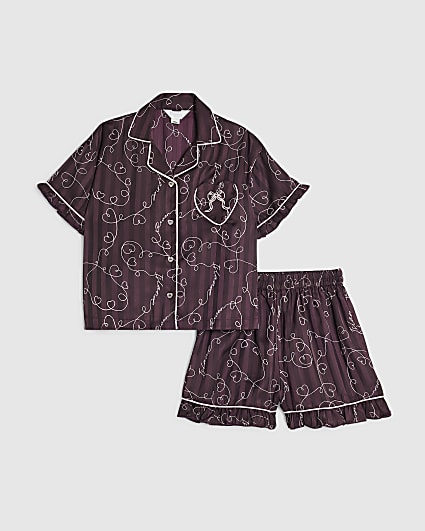 Girls Burgundy Satin Script Print Pyjamas Set