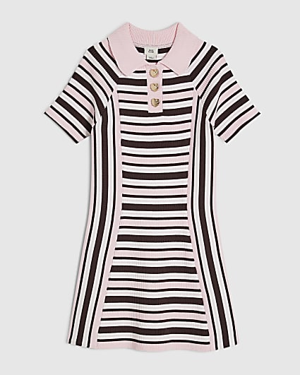 Girls Brown Knit Stripe Short Sleeve Dress