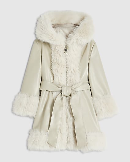 Mini Girls Cream Faux Fur Wrap Coat