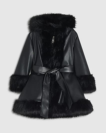 Mini Girls Black Faux Fur Wrap Hoodie Coat