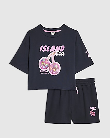 Girls Navy RI Cherry T-Shirt And Shorts Set