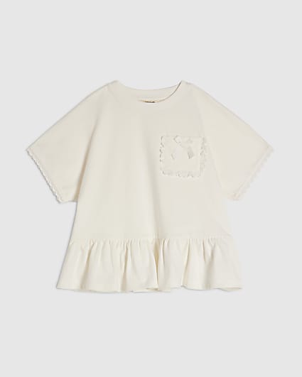 Mini Girls White Lace Pocket T-Shirt