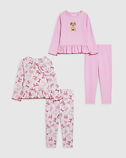 Mini Girls Pink Bow Print Pyjamas Pack of 2