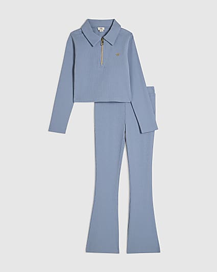 Girls Blue Ribbed Polo Shirt Set