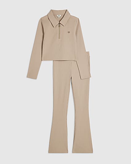 Girls Beige Ribbed Polo Shirt Set