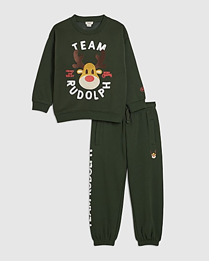 Mini Boys Green Christmas Rudolph Sweat Set