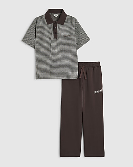 Boys Brown Check Polo Shirt Set