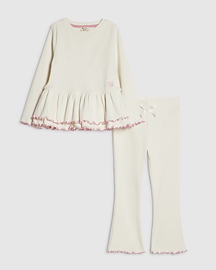 Mini Girls Cream Rib Peplum Top Set