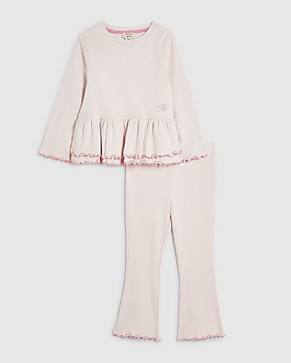 Mini Girls Pink Rib Peplum Top Set