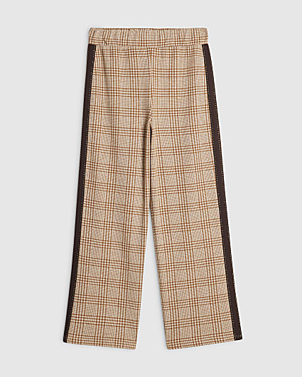 Girls Brown Check Tape Wide Leg Trousers
