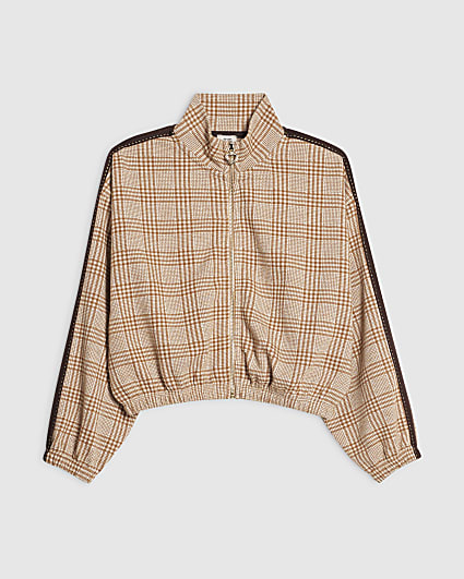 Girls Brown Check Bomber Jacket
