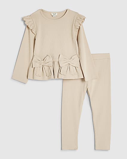 Mini Girls Beige Bow Rib Top And Leggings Set