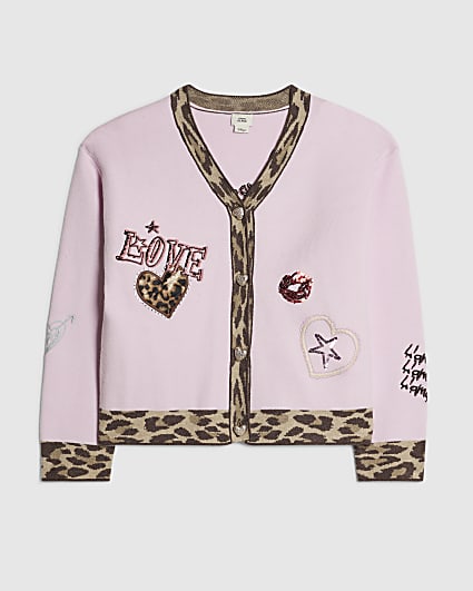 Girls Pink Leopard Placket Cardigan