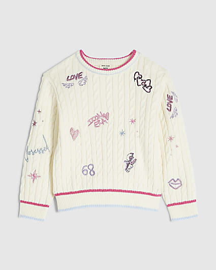 Mini Girls Cream Knit Doodle Jumper