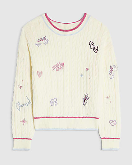 Girls Cream Knit Doodle Jumper