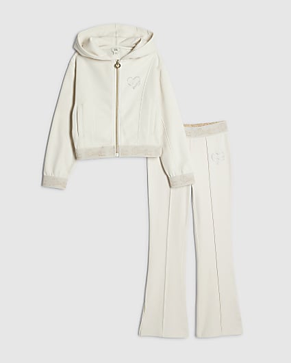 Girls Cream Zip RI Heart Hoodie Set