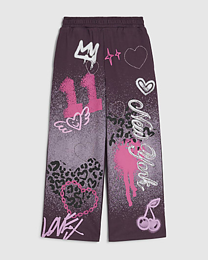 Girls Purple Graffiti Wide Leg Joggers