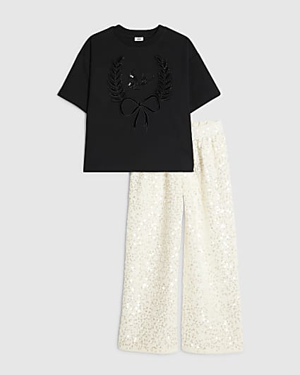 Girls Black Embroidered Beaded Floral Top Set