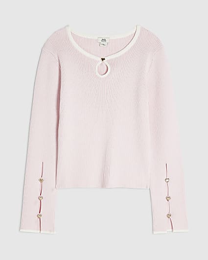 Girls Pink Ribbed Keyhole Long Sleeve Top