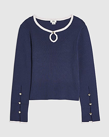 Girls Navy Ribbed Keyhole Long Sleeve Top