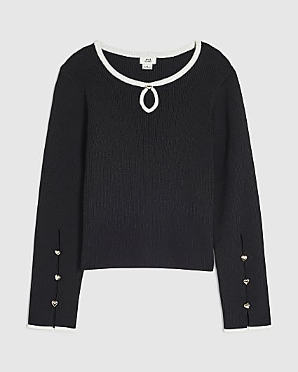 Girls Black Ribbed Keyhole Long Sleeve Top