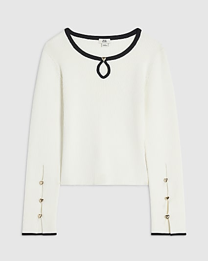 Girls Cream Ribbed Keyhole Long Sleeve Top