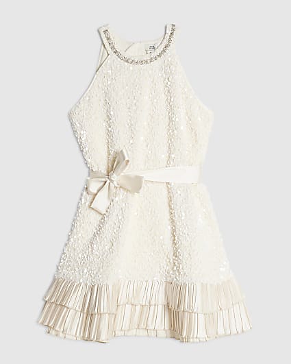Girls Cream Sequin Halter Neck Dress