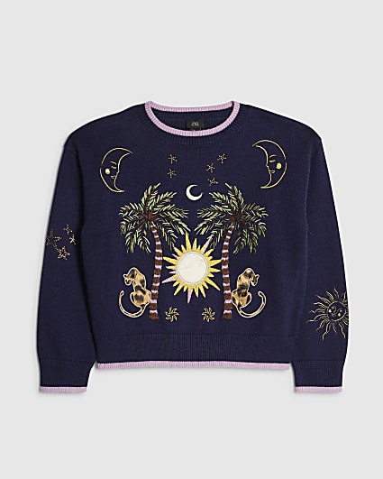 Girls Navy Palm Tree Jumper